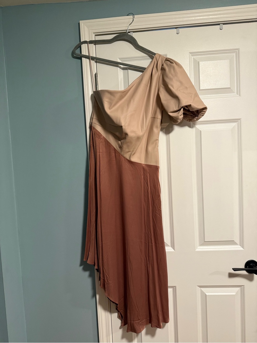 Anthropologie Two-Tone Asymmetrical One-Shoulder Dress in Beige and Rust